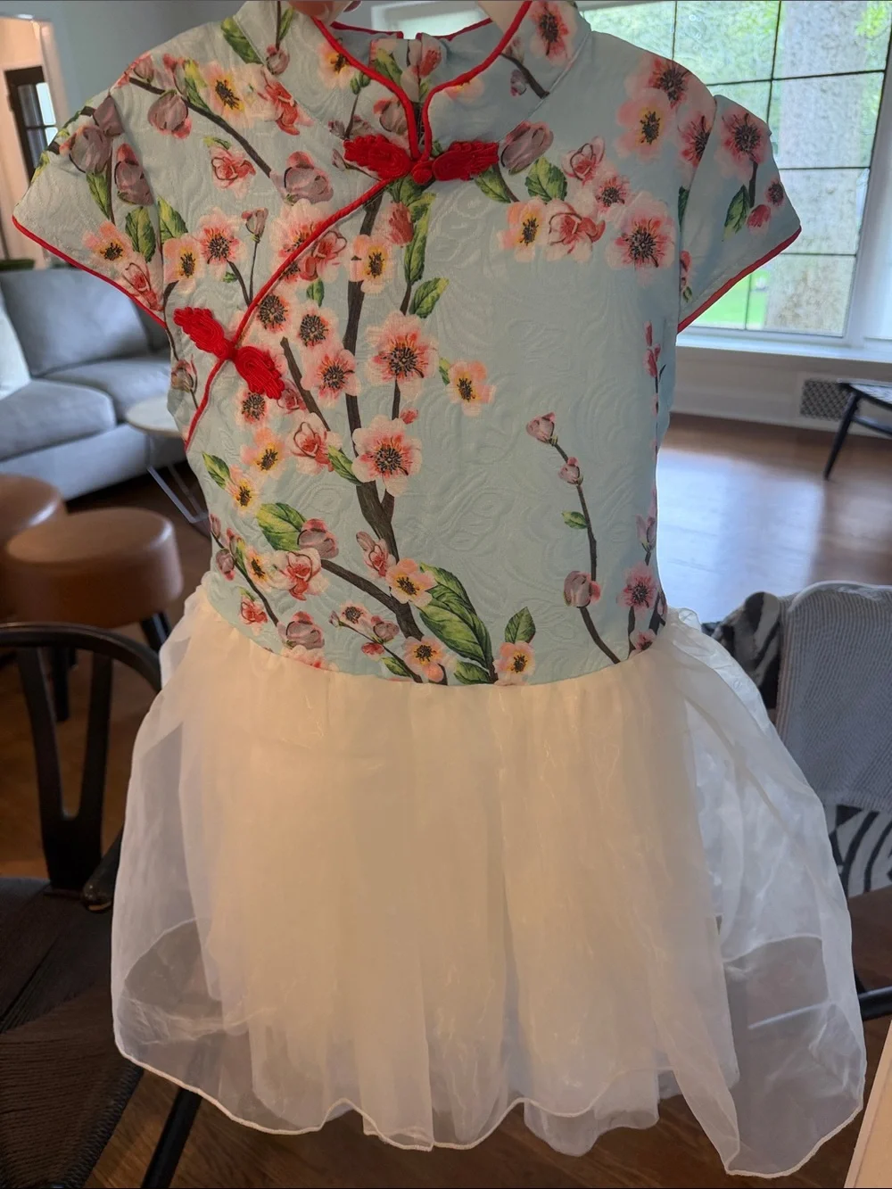 Girls Floral Cherry Blossom Chinese New Year Dress with Cream Tulle Skirt